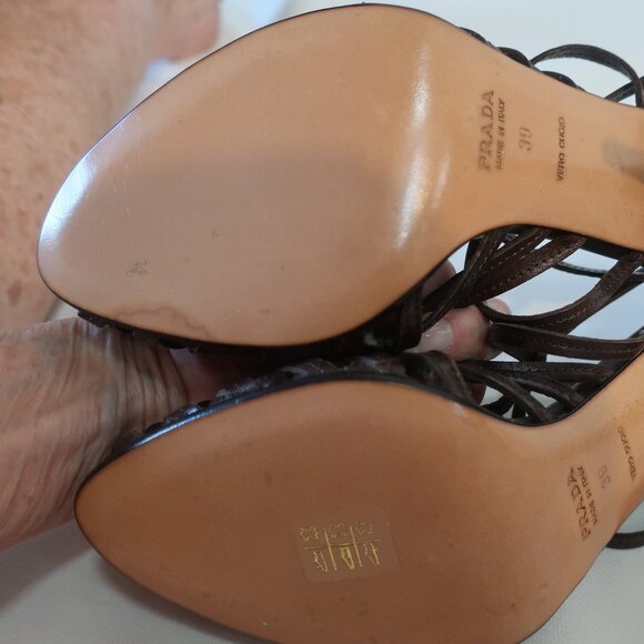 NWOB Womens Prada Brown Caged Strap Leather Cone Heel Slingback Pumps 39 US/9 - Picture 7 of 11